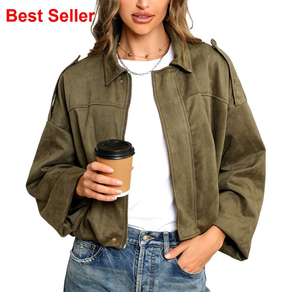 Faux Suede Bomber Jacket Oversized Batwing Sleeves Streetwear